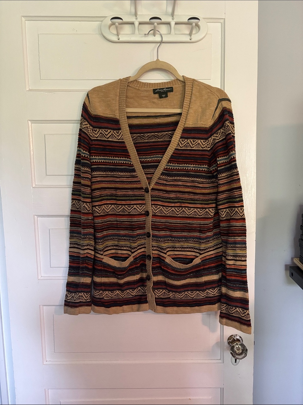 Striped Knit Cardigan Sweater - Tan Multicolor